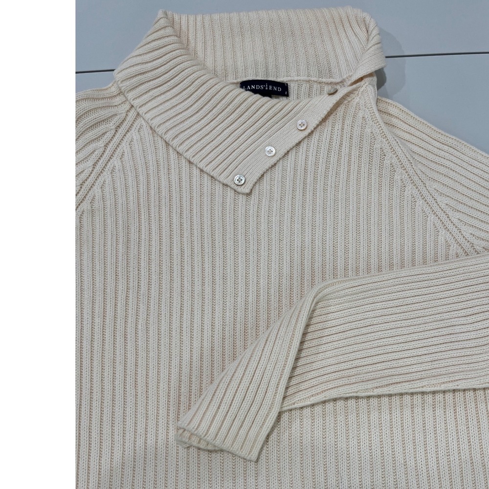 Lands‎ End Womens Ribbed  Knit Sweater Ivory XL Button Up Collar Casual Capsule